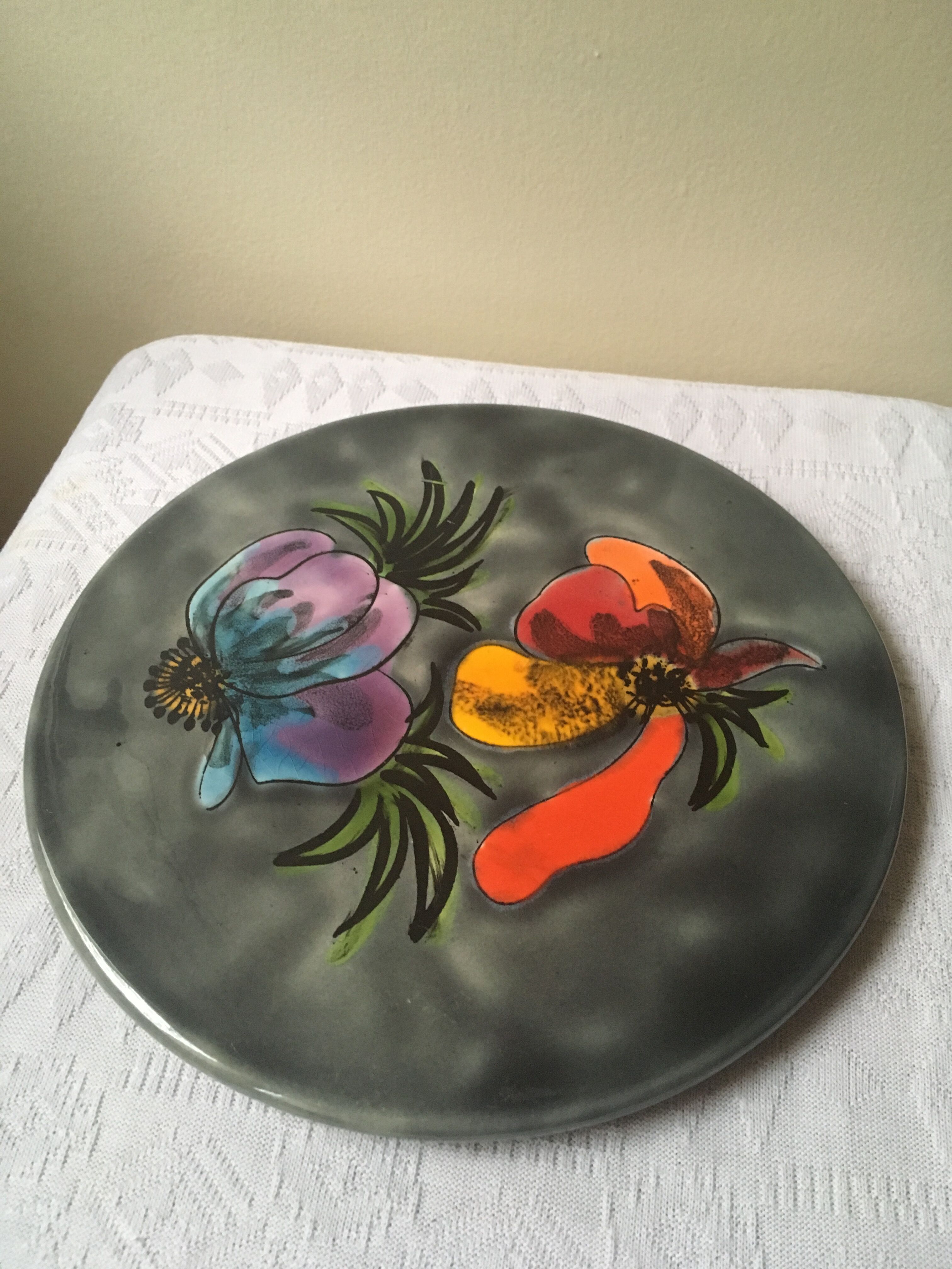 Blue flower underside signed La Roue de Vallauris