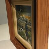 Tableau d'un personnage en chemin vers les montagnes accompagné d'animaux exotiques