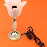 1970s Tulip table lamp Onyx stone and brass Tulip shaped lampshade
