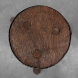 Brutalist French solid oak tripod stool with metal rim, 1850s