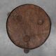 Brutalist French solid oak tripod stool with metal rim, 1850s