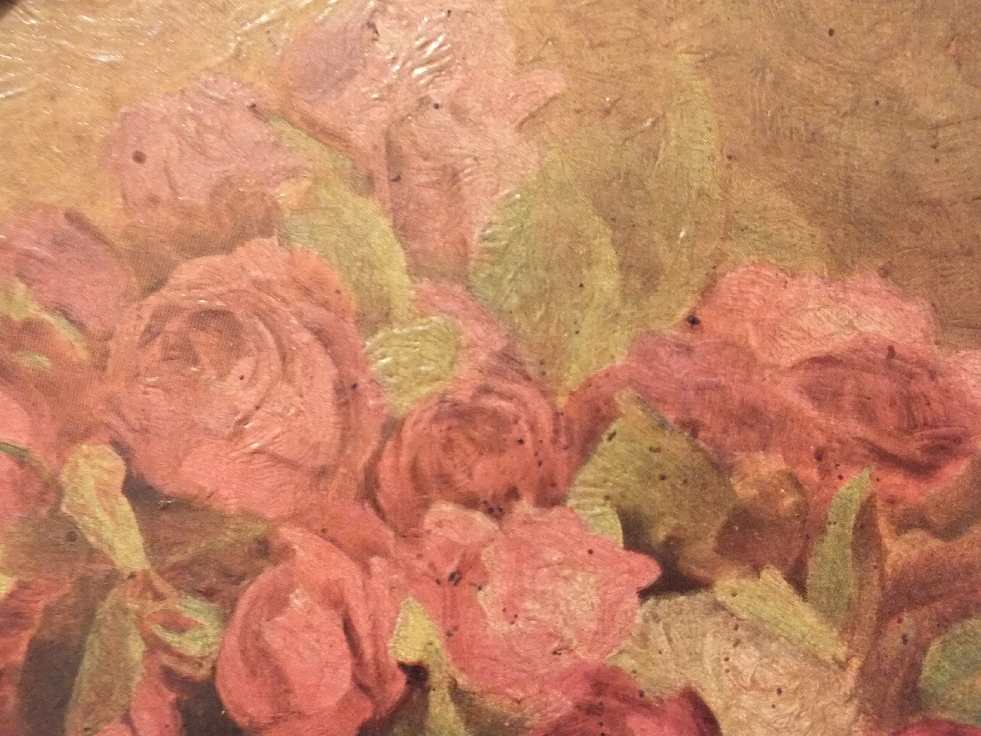 Old small painting framed and signed reproduction with a bouquet of roses