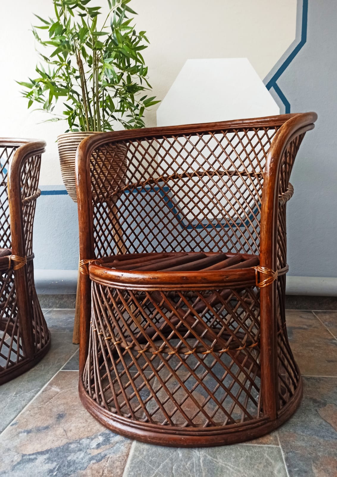 Pair of vintage bamboo rattan armchairs
