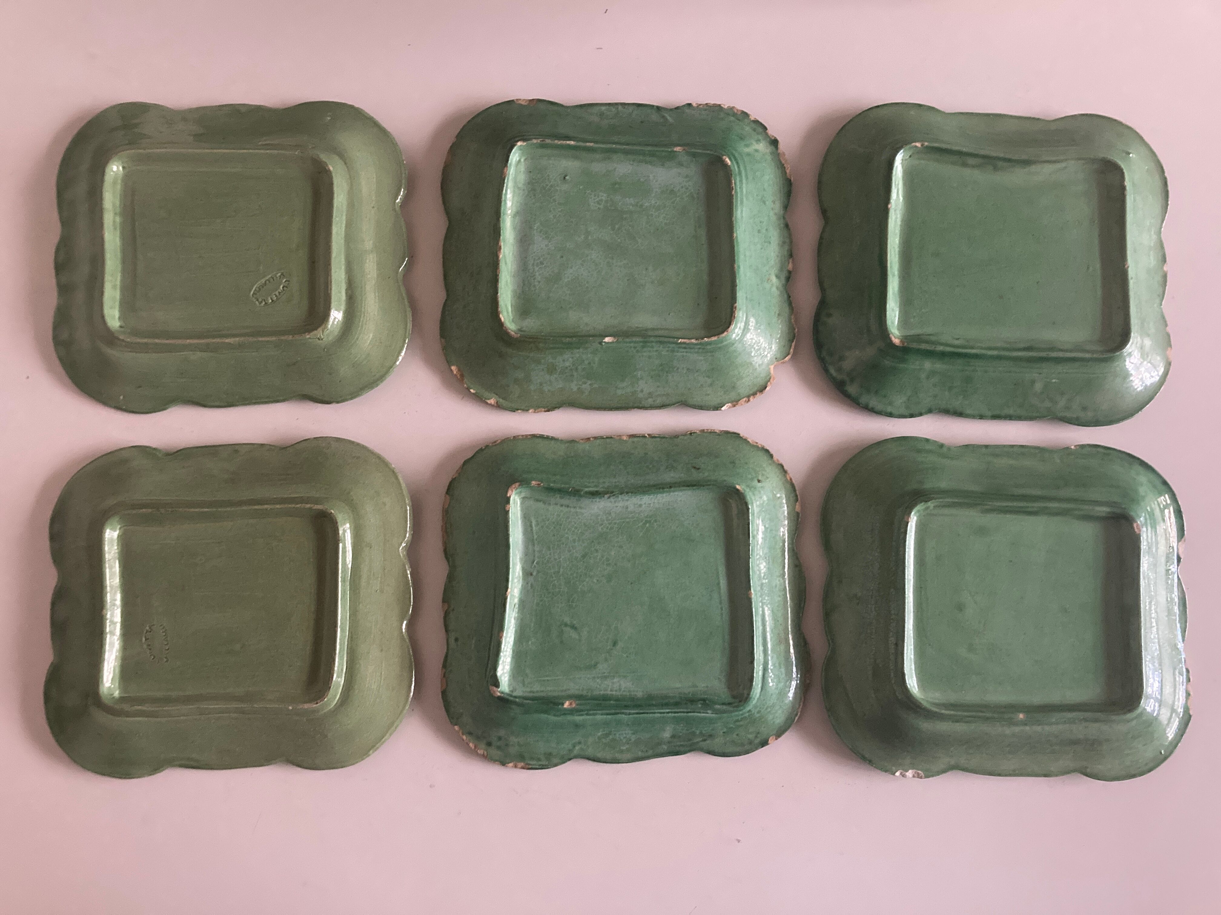 Set of 6 dessert plates in green varnished earth Vallauris 1950