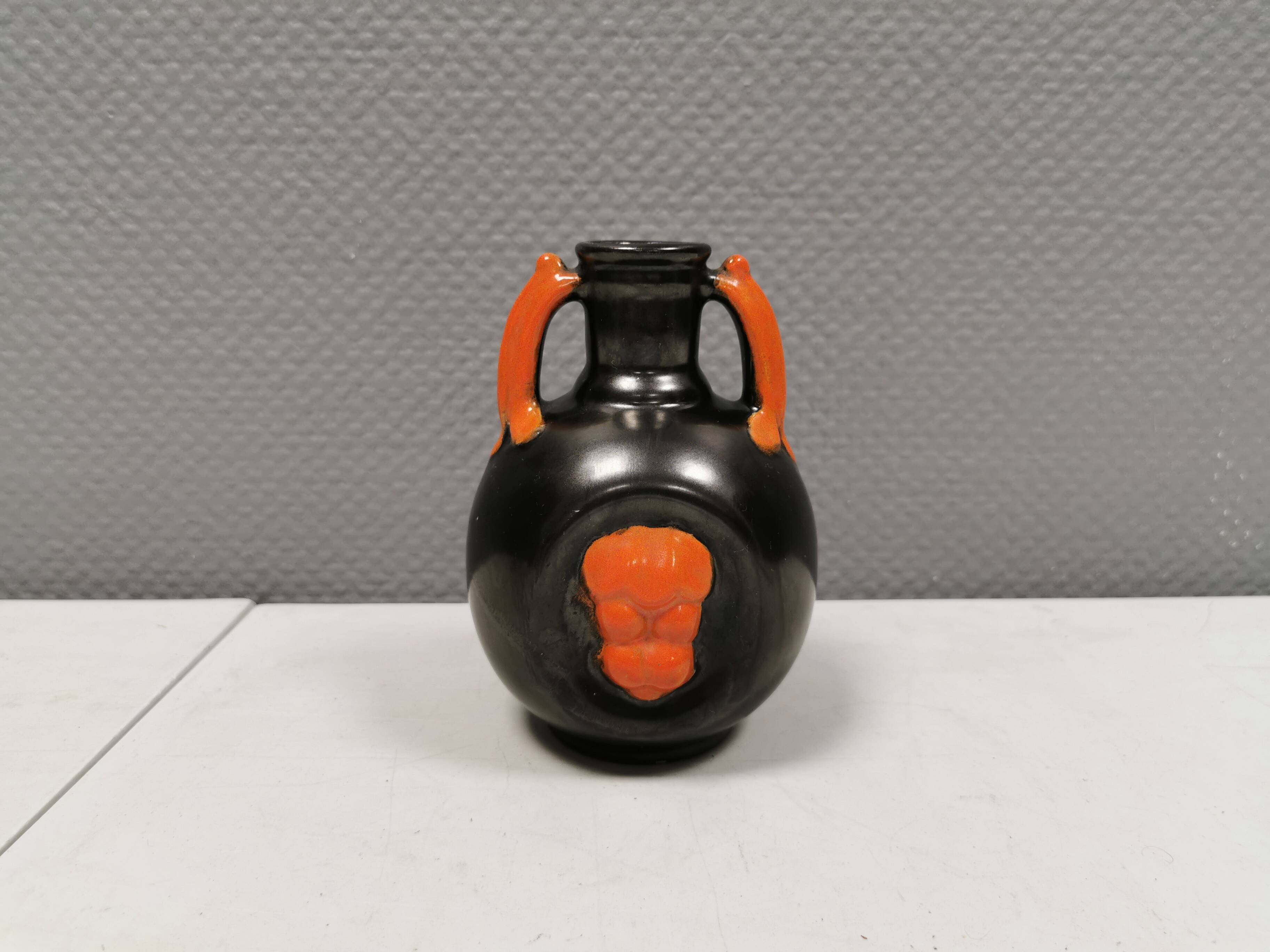 Vase in metallic glaze with orange details, Upsala Ekeby Sweden