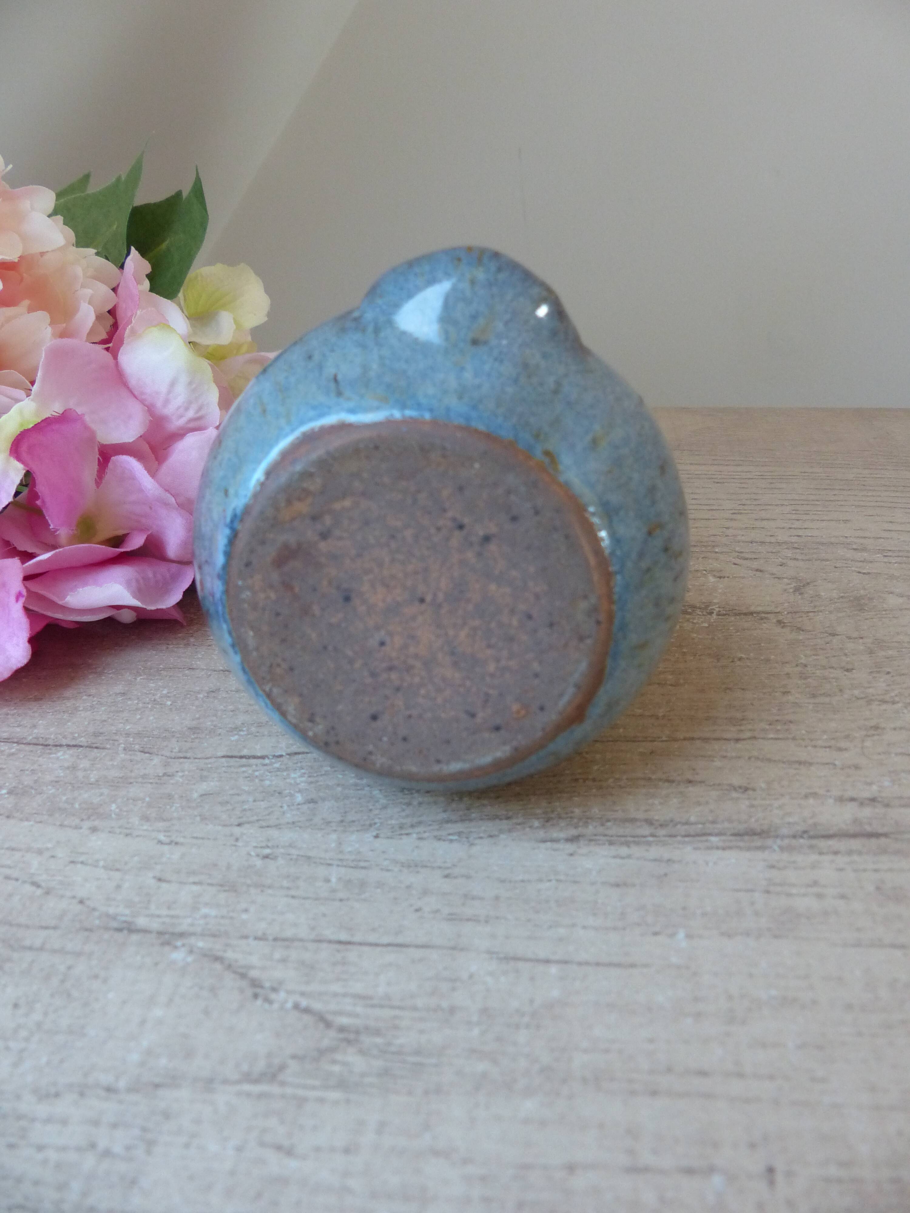 Owl figurine in blue sandstone ceramic, zoomorphic owl in vintage pottery