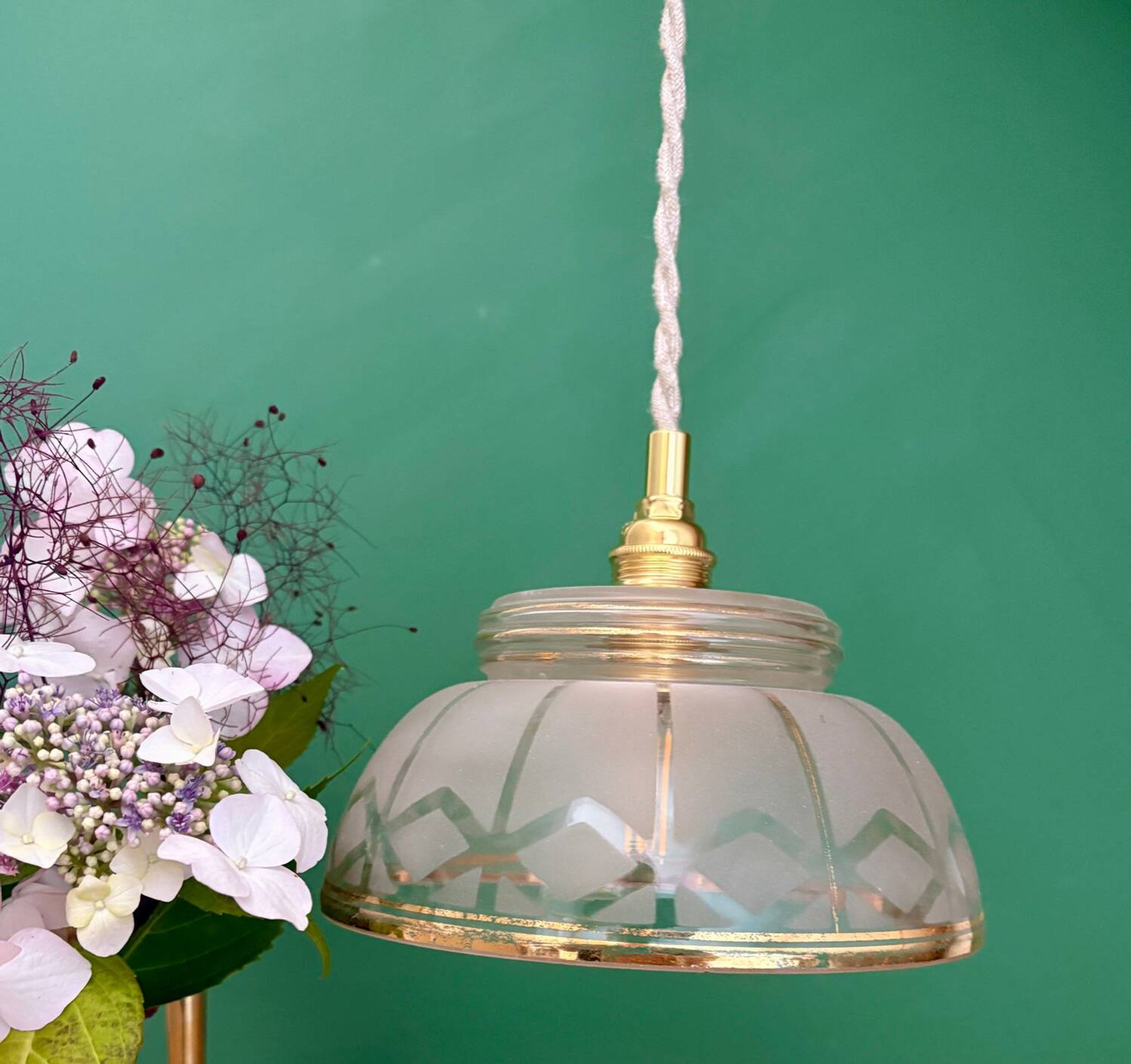 Vintage pendant lamp shade in white and gold frosted glass