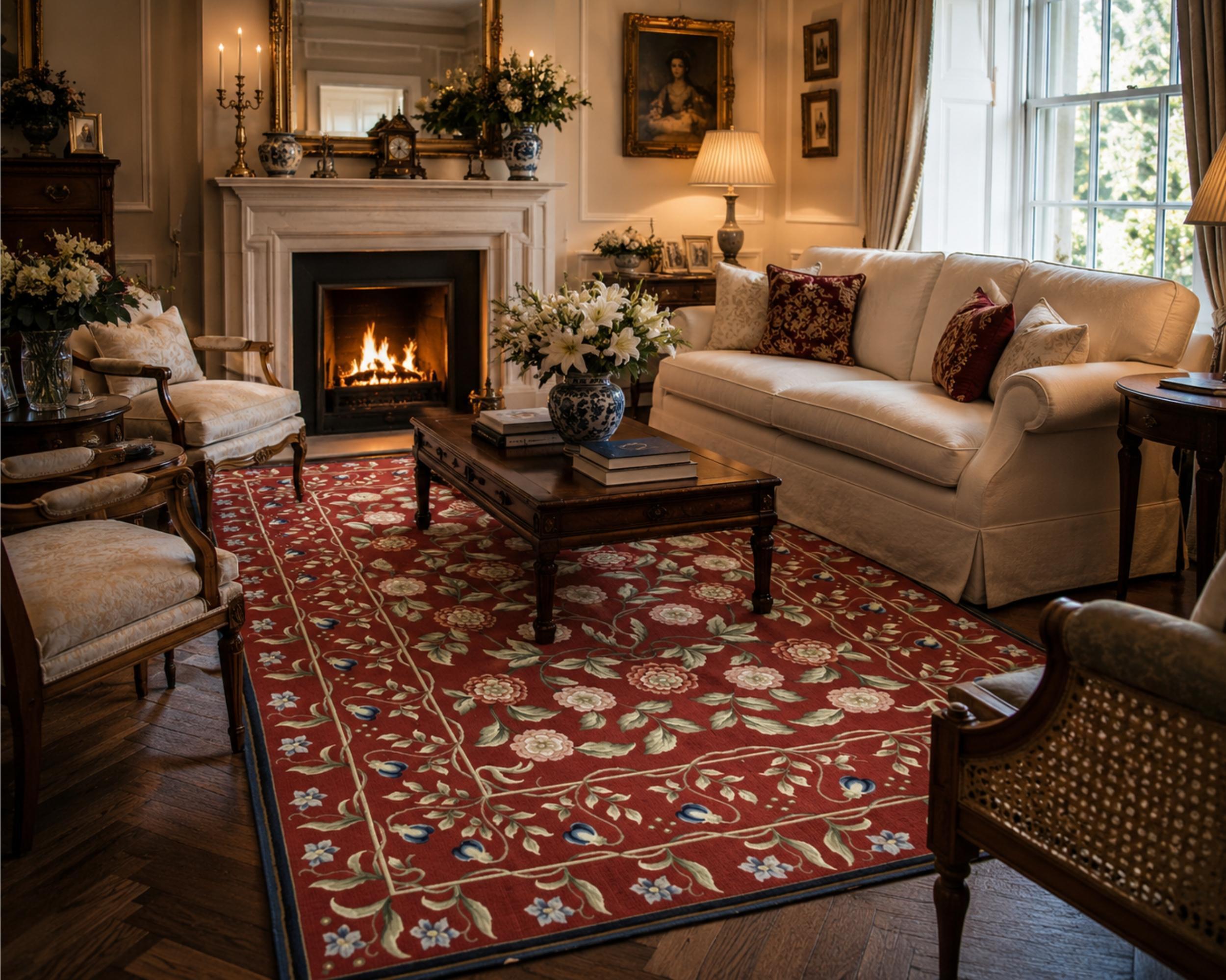 Tapis traditionnel bordeaux style Aubusson floral en laine tissé à la main en point de croix