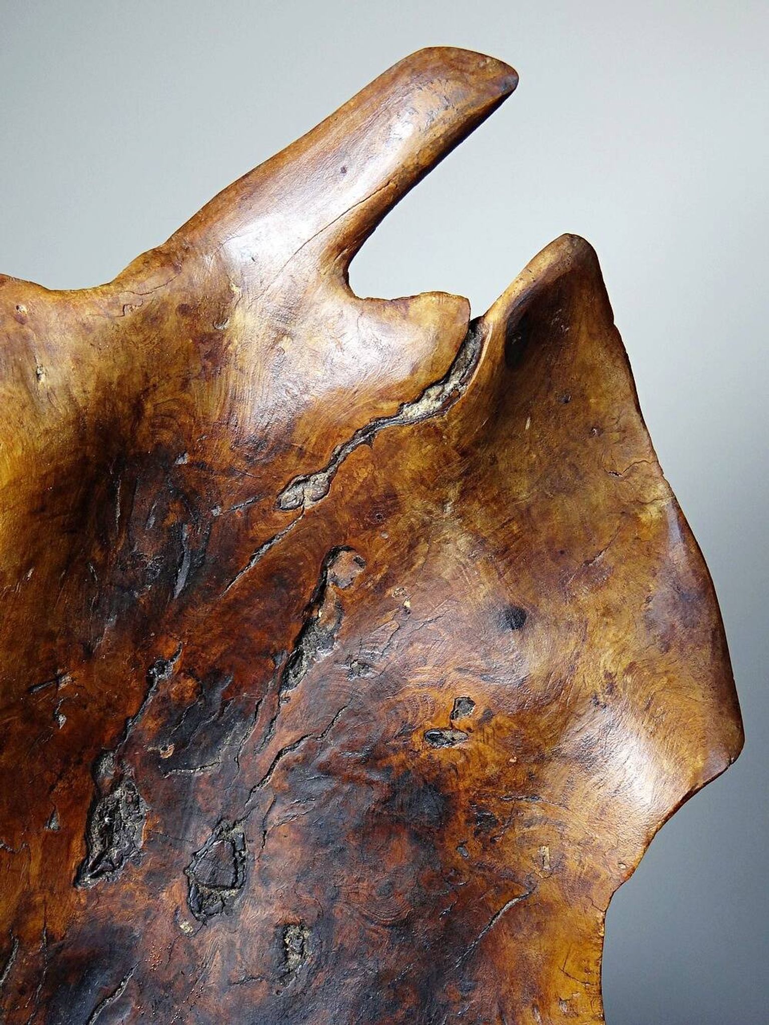 Large monoxyle bowl made of dark raw olive wood from the 1950s.