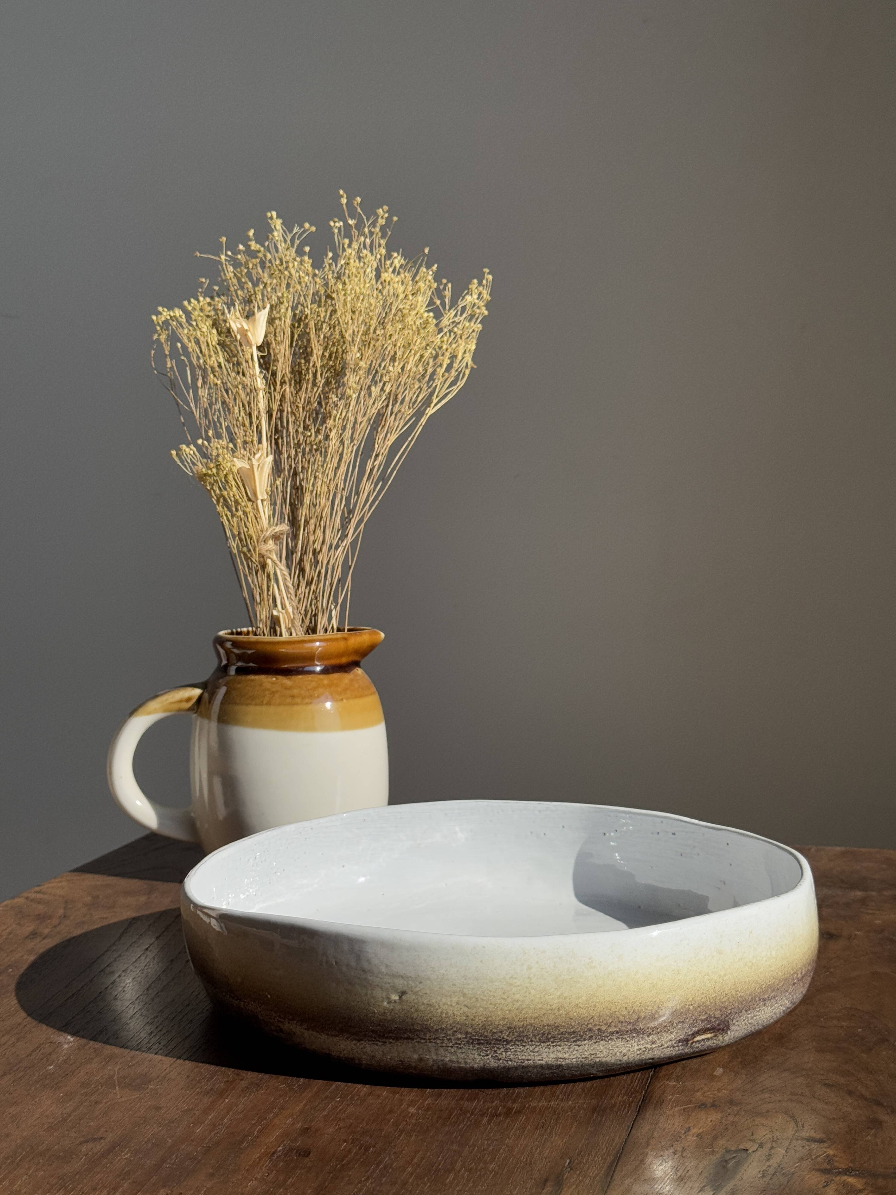 Large white and earthenware ceramic dish