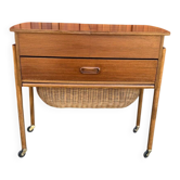 Danish storage cart in brown teak and wicker, 1960s, Mid-Century style.