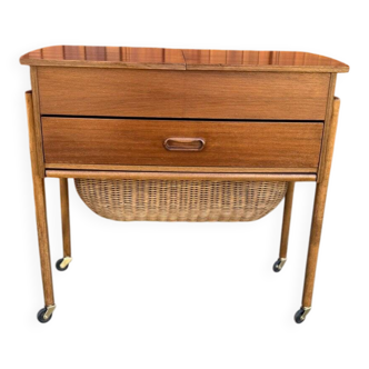 Danish storage cart in brown teak and wicker, 1960s, Mid-Century style.