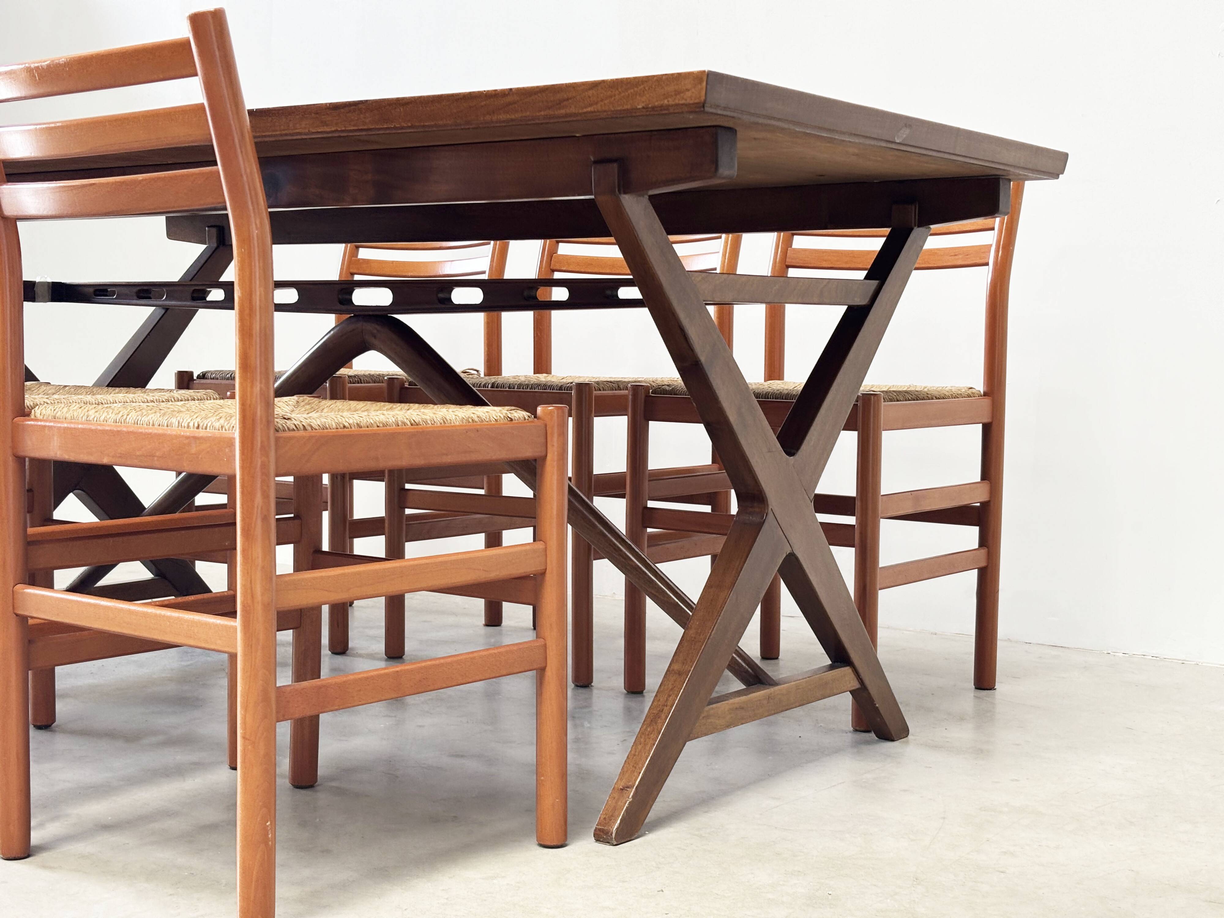 Set of six walnut and rattan dining chairs