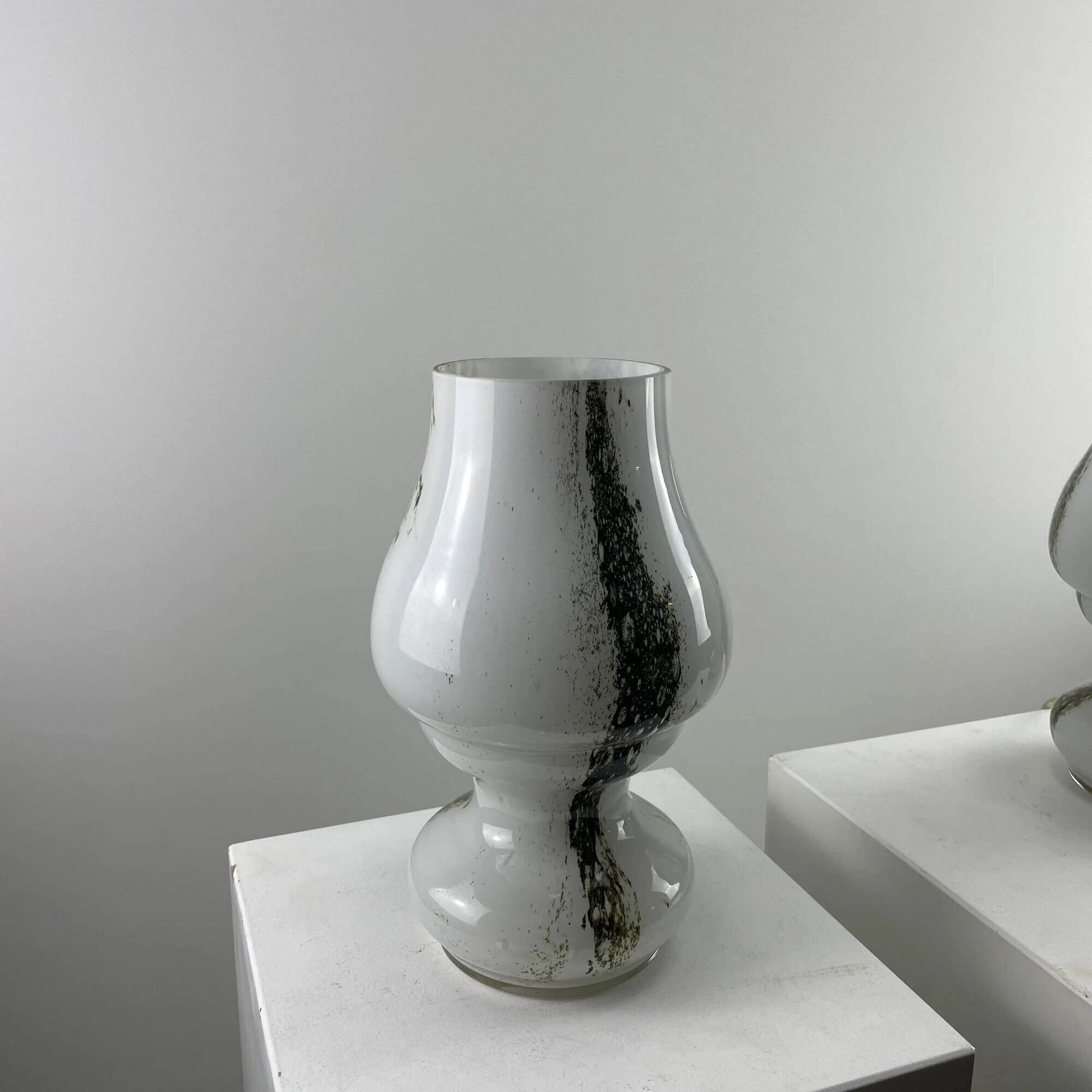 Pair of mushroom table lamps in white and green glass by Doria Leuchten, 1970.