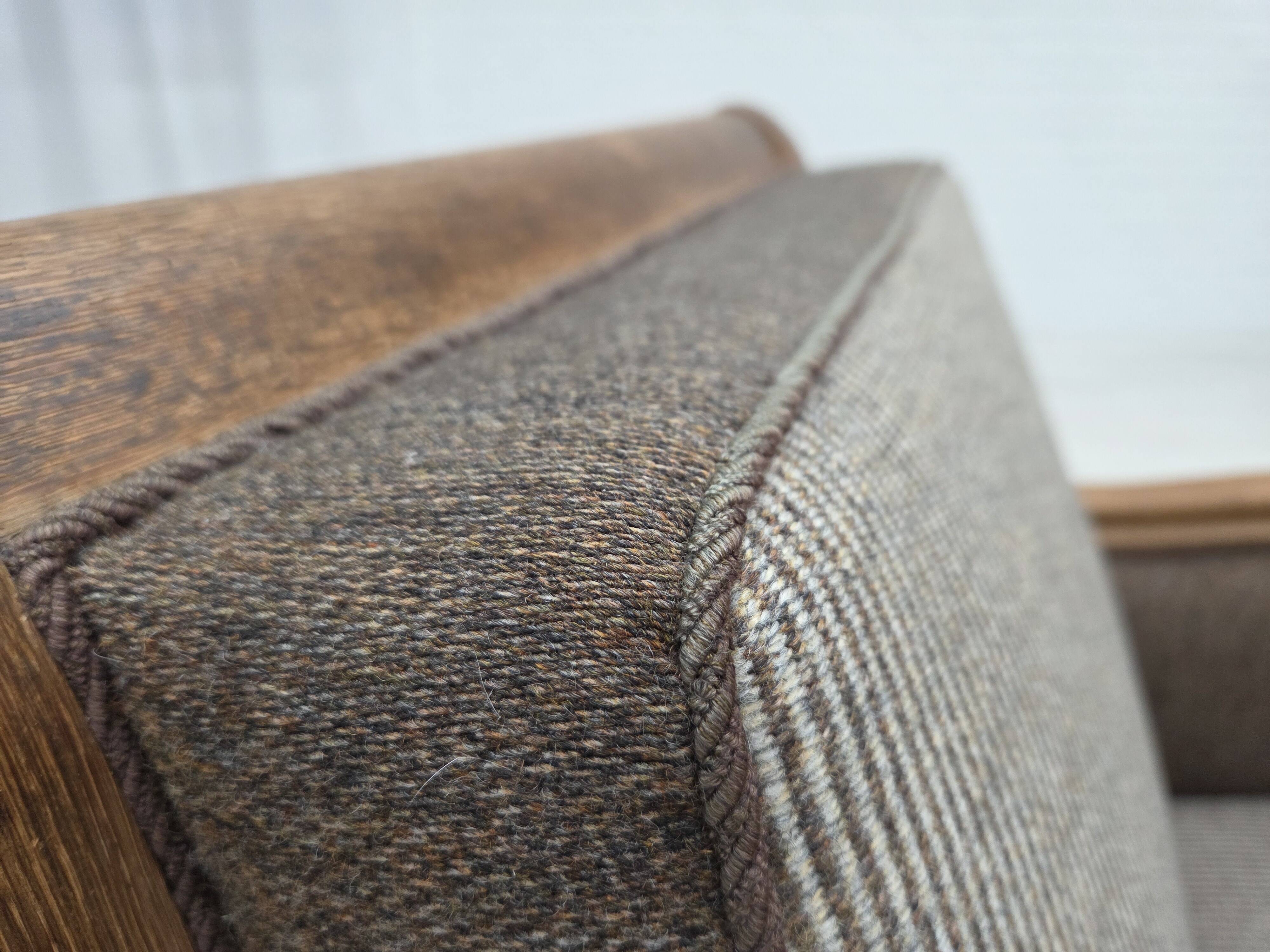 1950s, Danish armchair, furniture wool, solid carved oak wood.