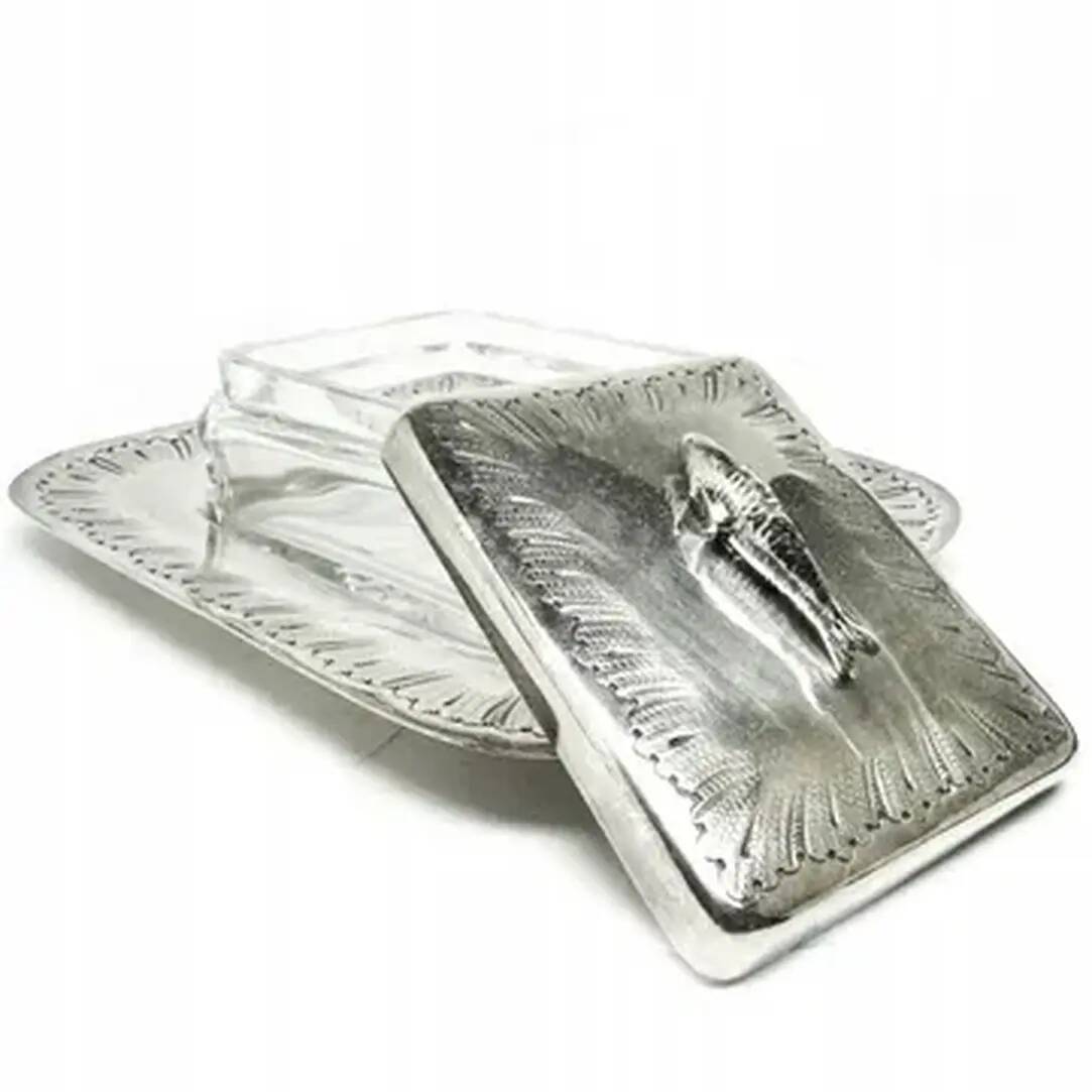 Art deco sardine container, silver-plated brass, crystal, belgium, 1930s
