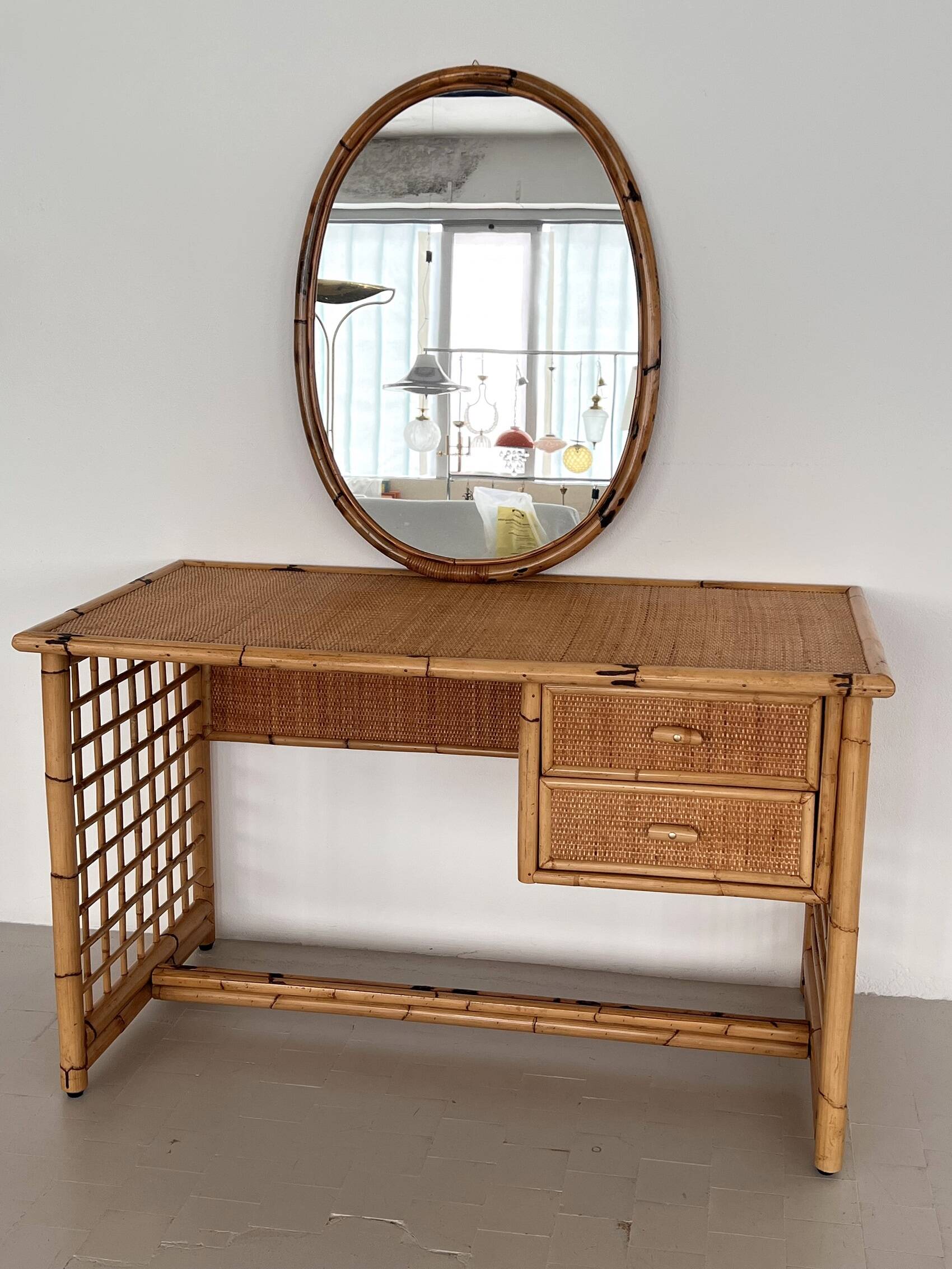 Italian Bamboo and Rattan Desk or Vanity with two Drawers, 1970s