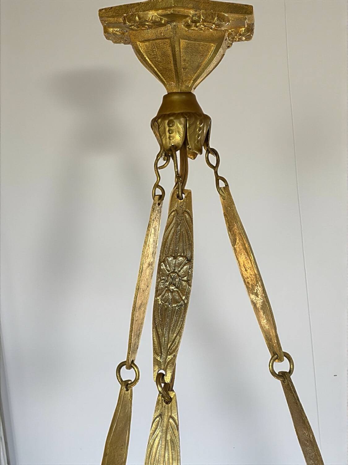 Art Deco glass and bronze pendant light/basin signed Degué