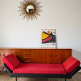 Day Bed sofa in skai, mottled red fabrics and black metal 1950