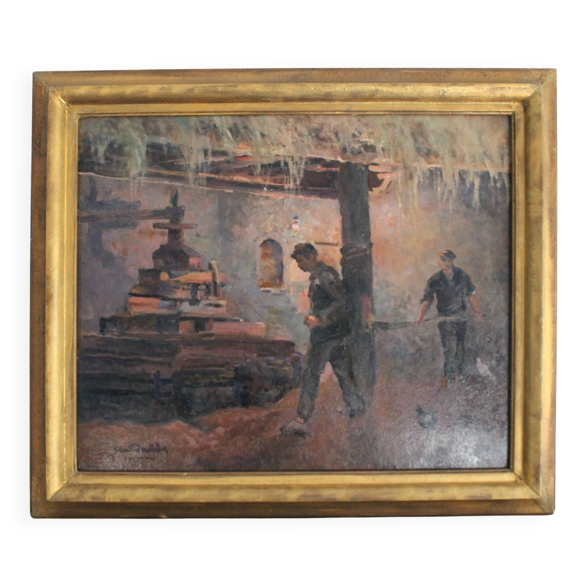 Oil on hardboard "Two workers at the press" post-impressionist painting