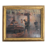 Oil on hardboard "Two workers at the press" post-impressionist painting