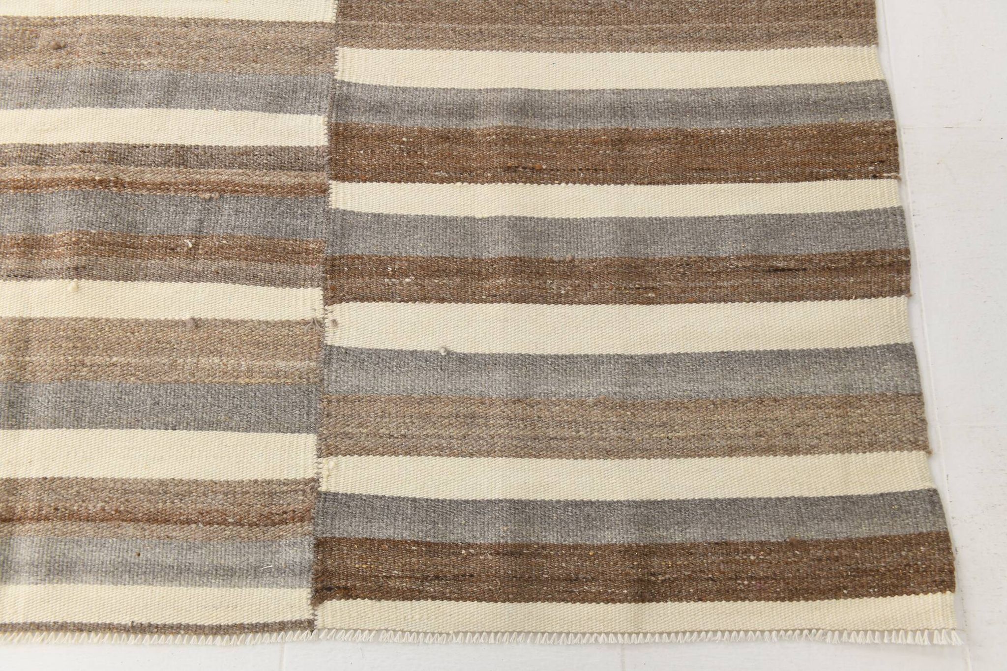 Contemporary Brown & Beige Striped Motifs Vintage Kilim Rug, 226x306Cm