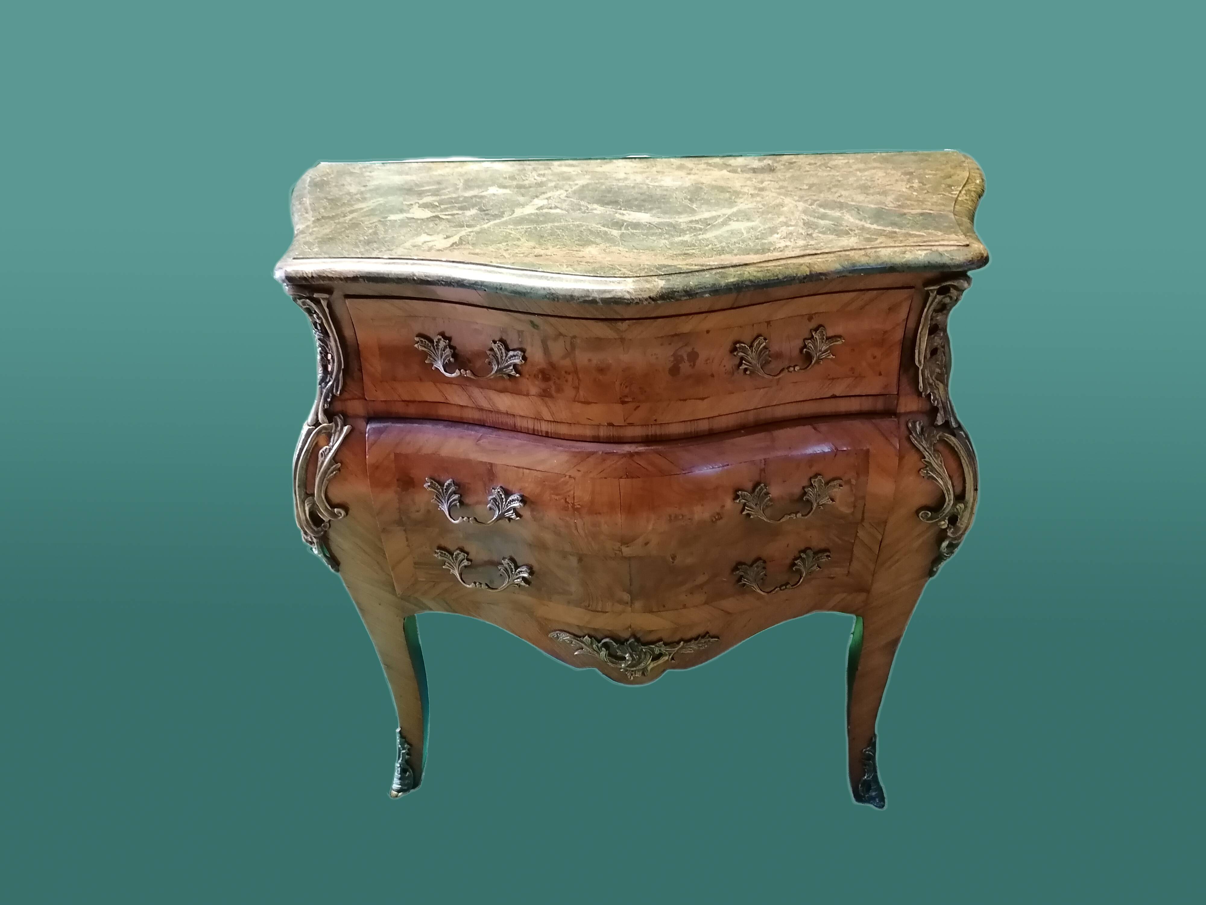 Small tomb chest of drawers, Louis XV Regency style - Elm burl and green marble.