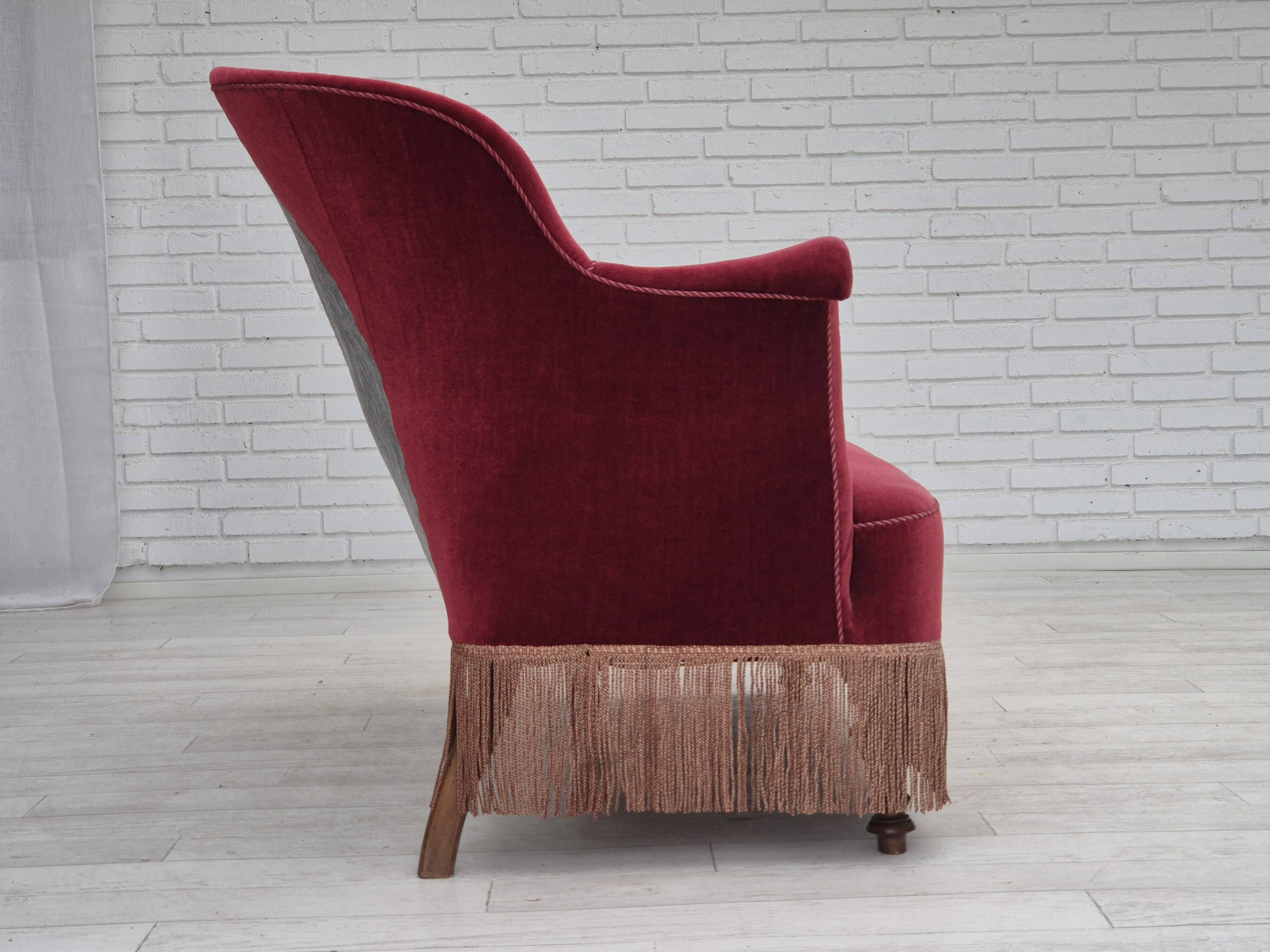 1950s, Danish 2-seater sofa, cherry-red furniture velour, ash wood.
