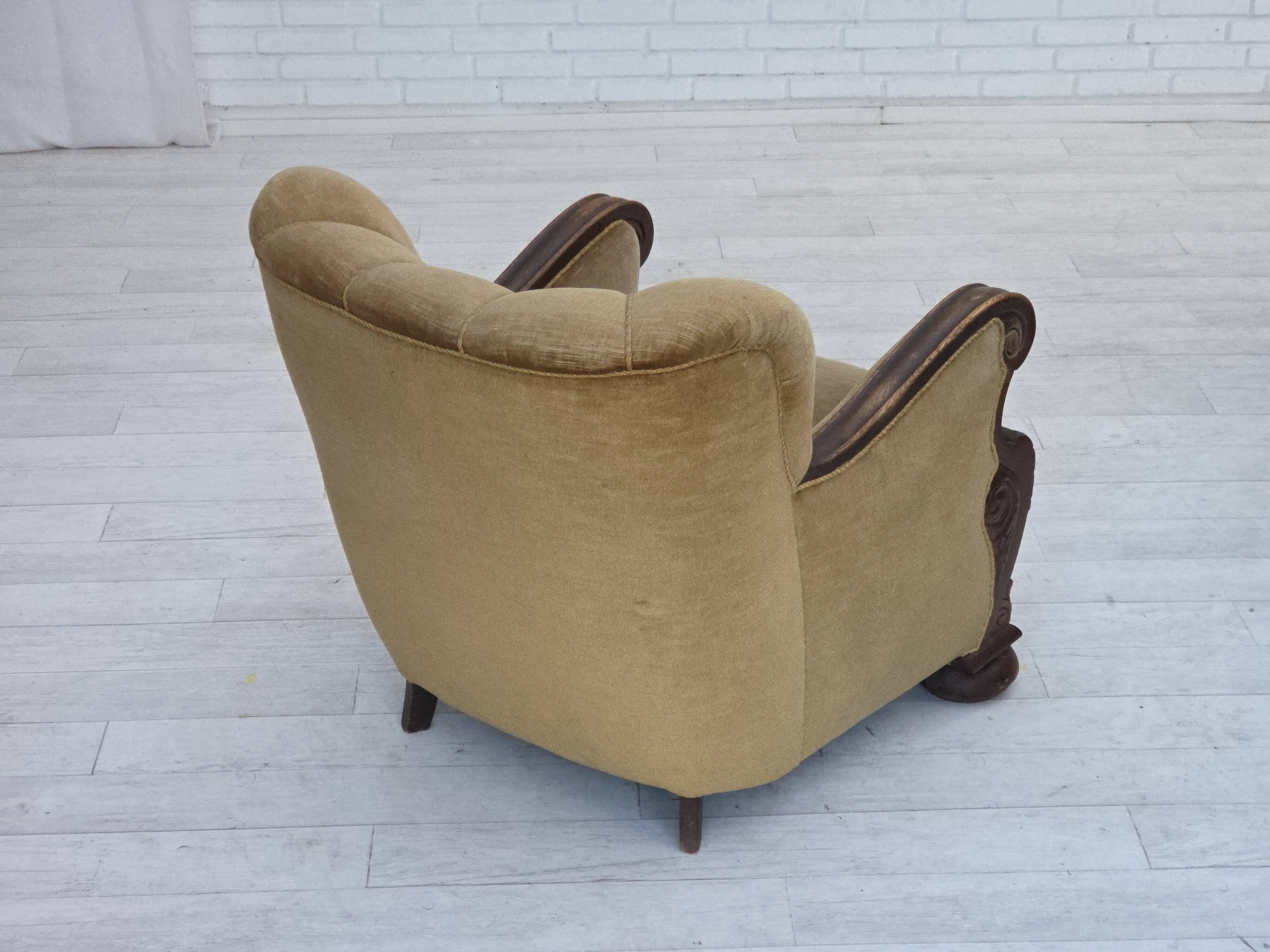1960s, Danish armchair, original green furniture velour, carved oak wood.