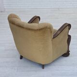 1960s, Danish armchair, original green furniture velour, carved oak wood.