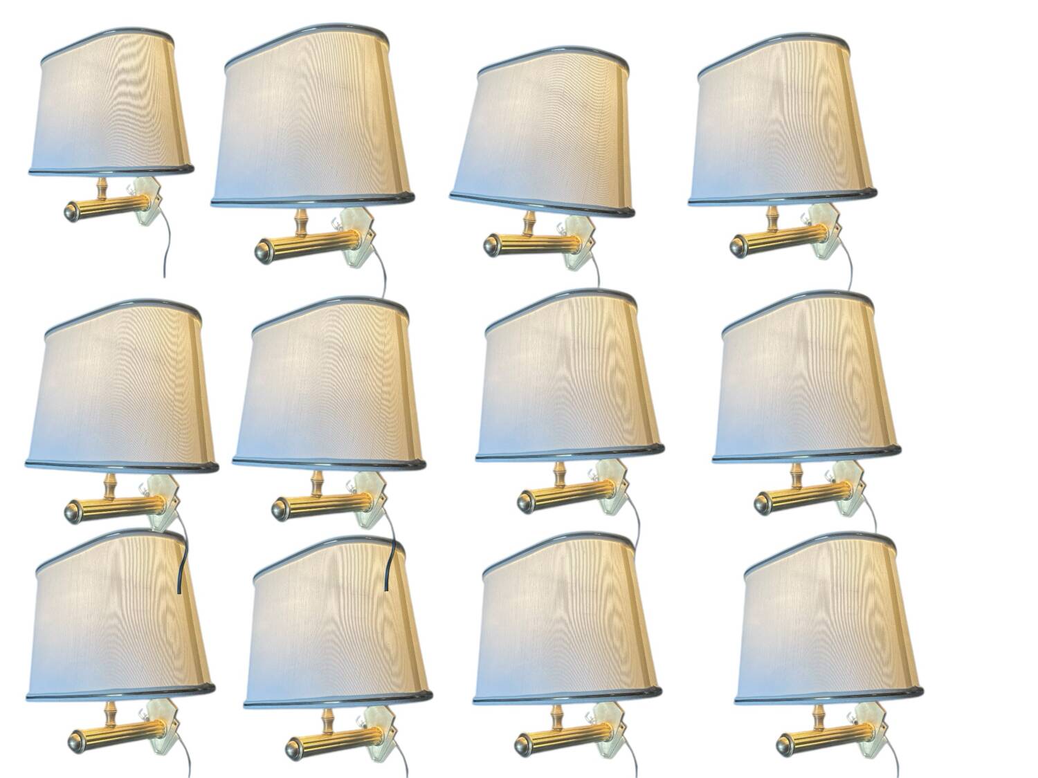 Italian Brass Sconces set of 12 with Satin Shades, 1980s