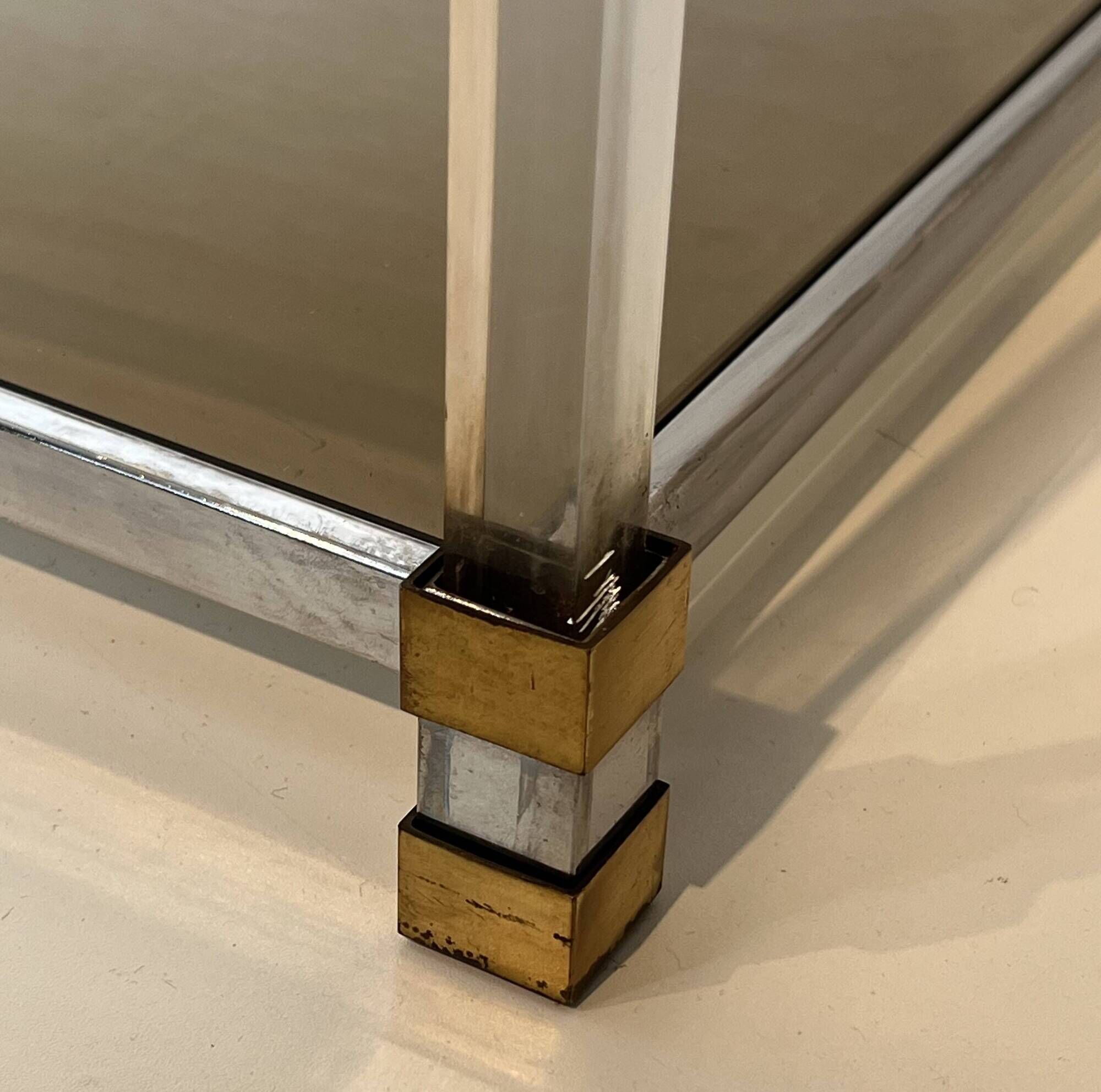 Lucite Shelf with Three Smoked Glass Shelves and Brass Ends. Work