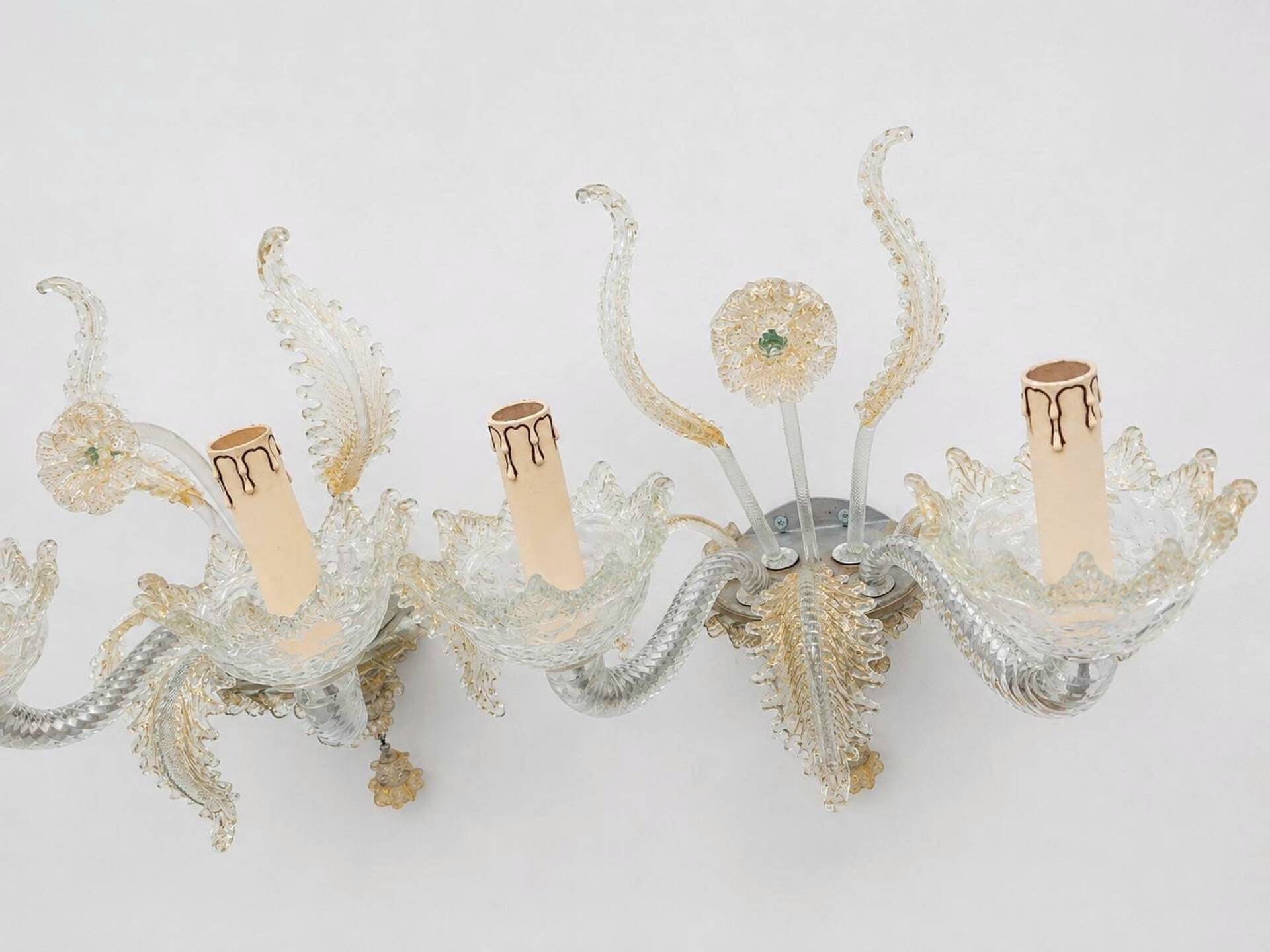 2 Murano glass wall sconces with gold leaves, vintage light fixtures.