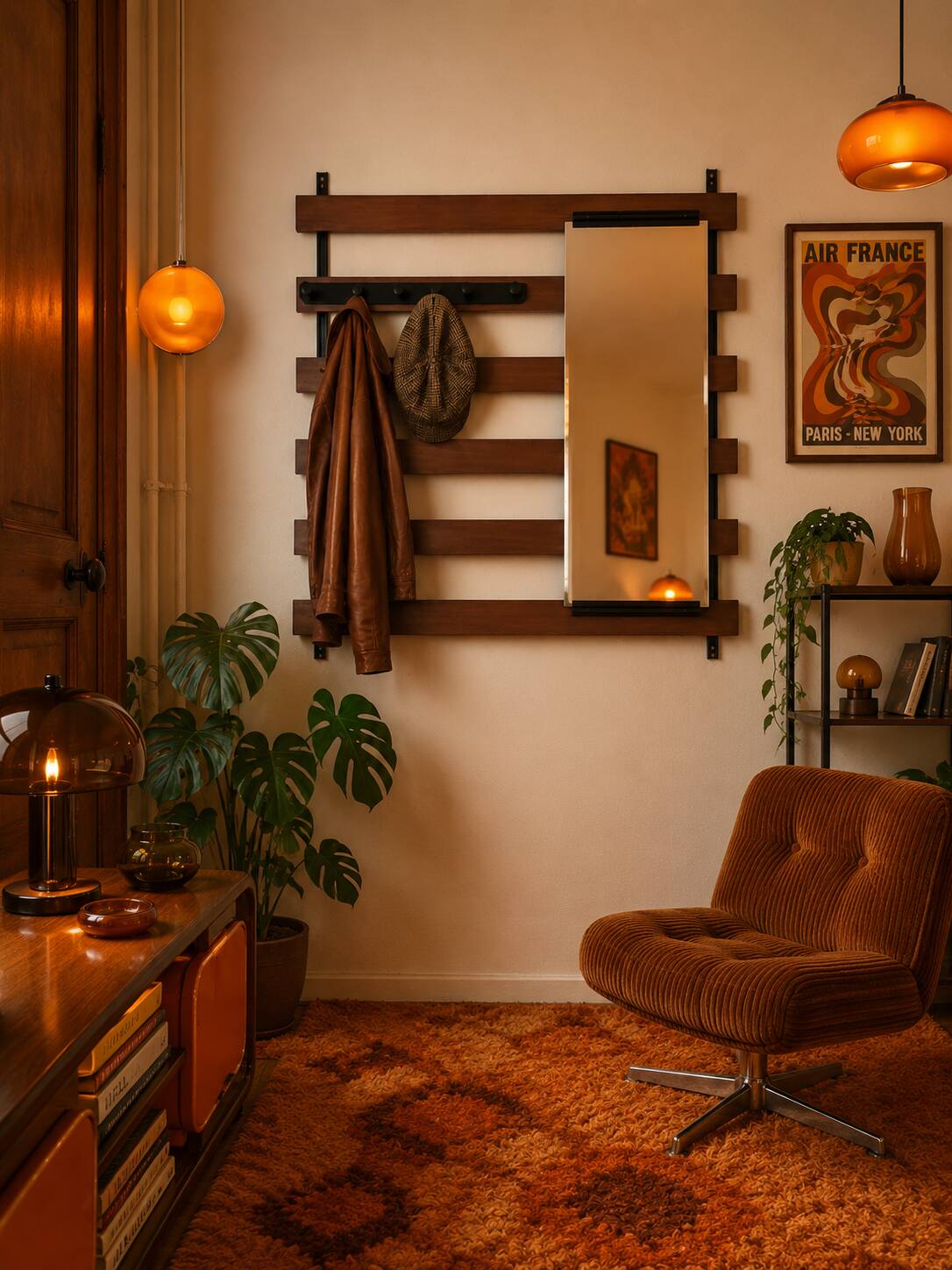 Vintage teak wall coat rack with 5 hooks and mirror.