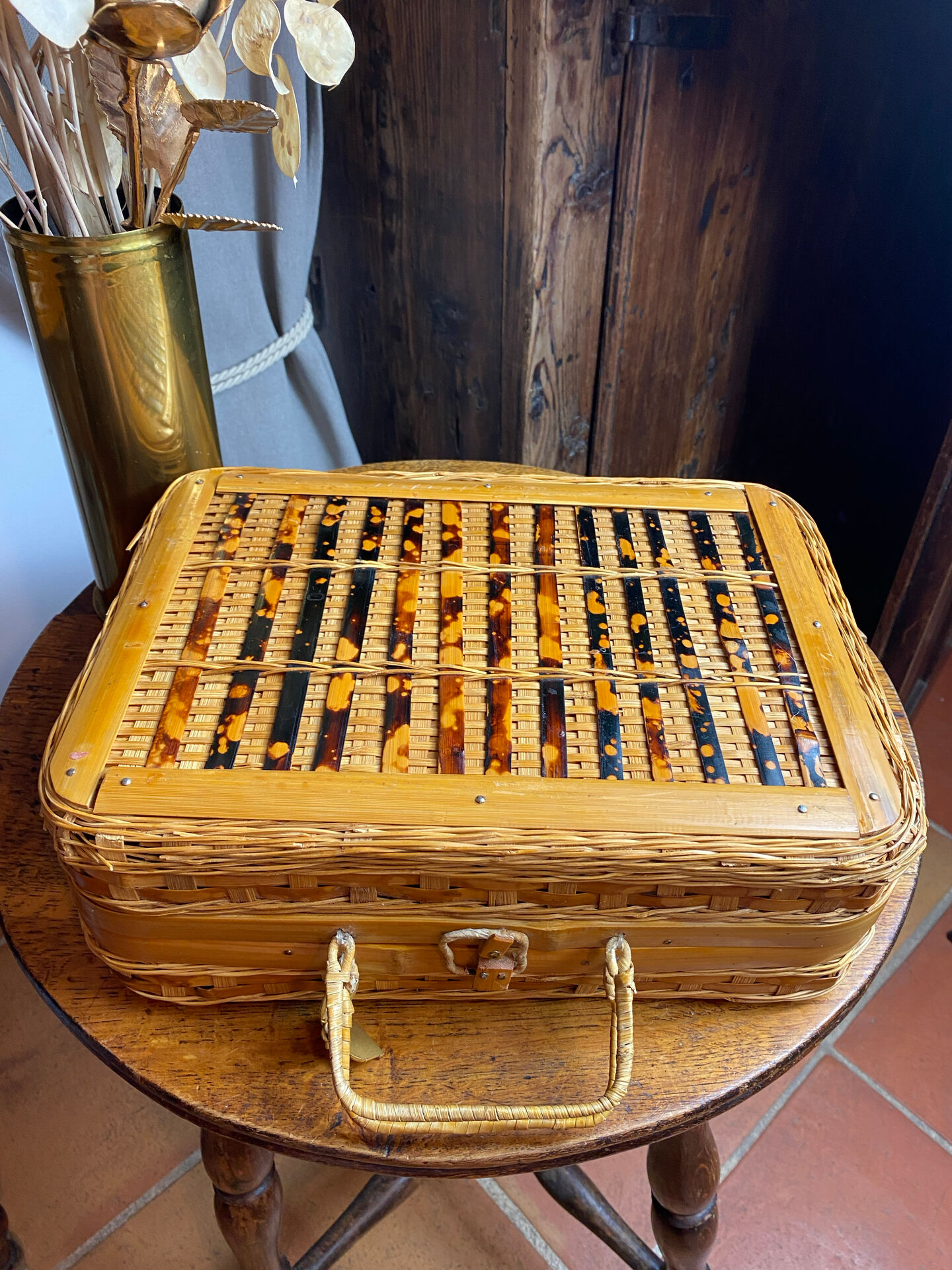 Wicker and wood suitcase