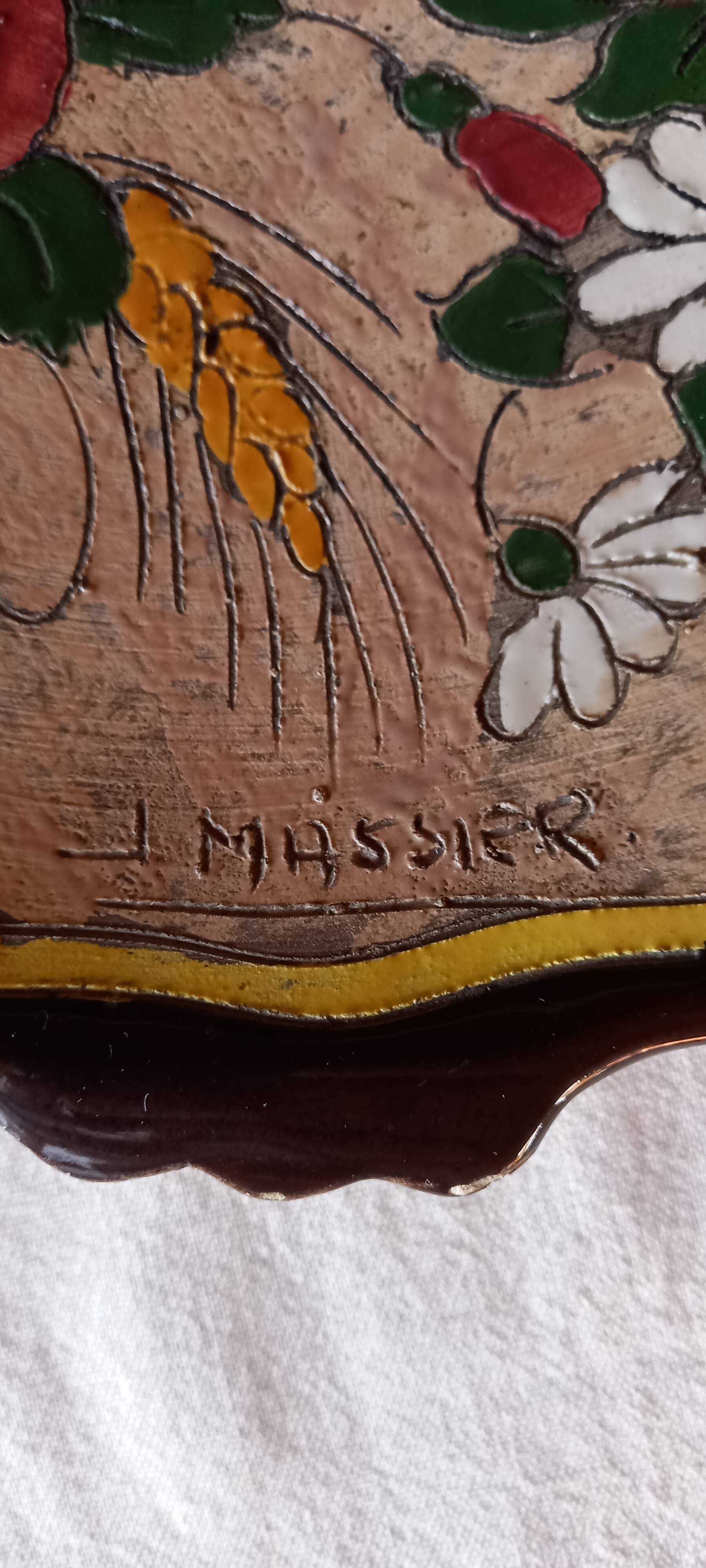 Ceramic plate Jérôme Massier Vallauris 1932-1935 cloisonné flower decoration
