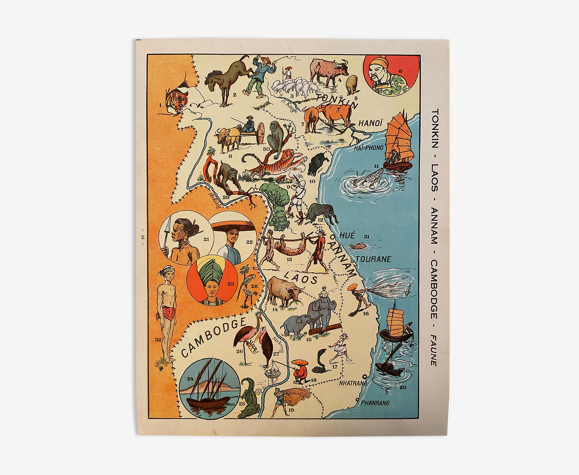 Affiche ancienne carte du Tonkin Laos - 1931