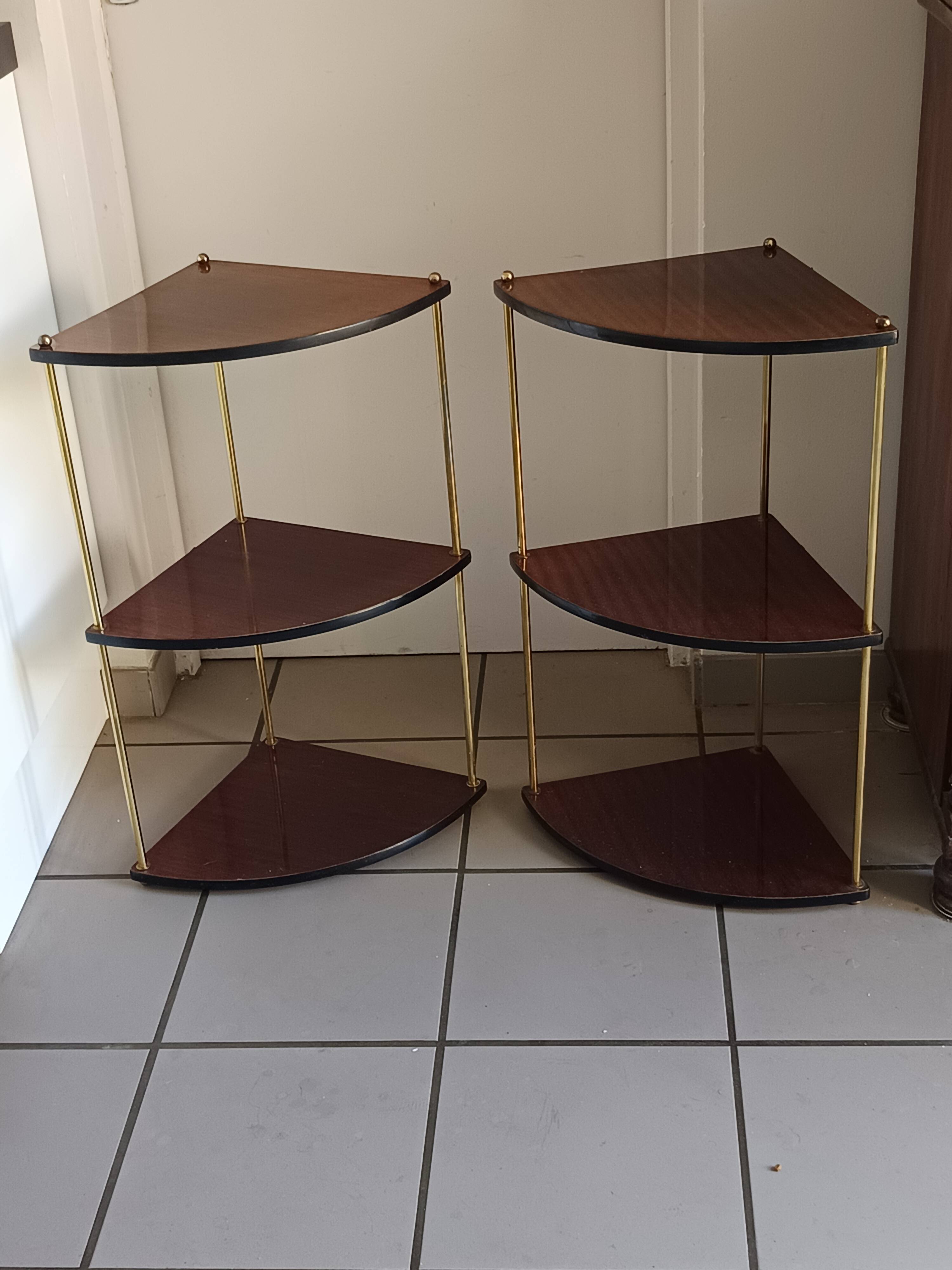 Pair of vintage corner shelves in wood and gold metal, 1960s