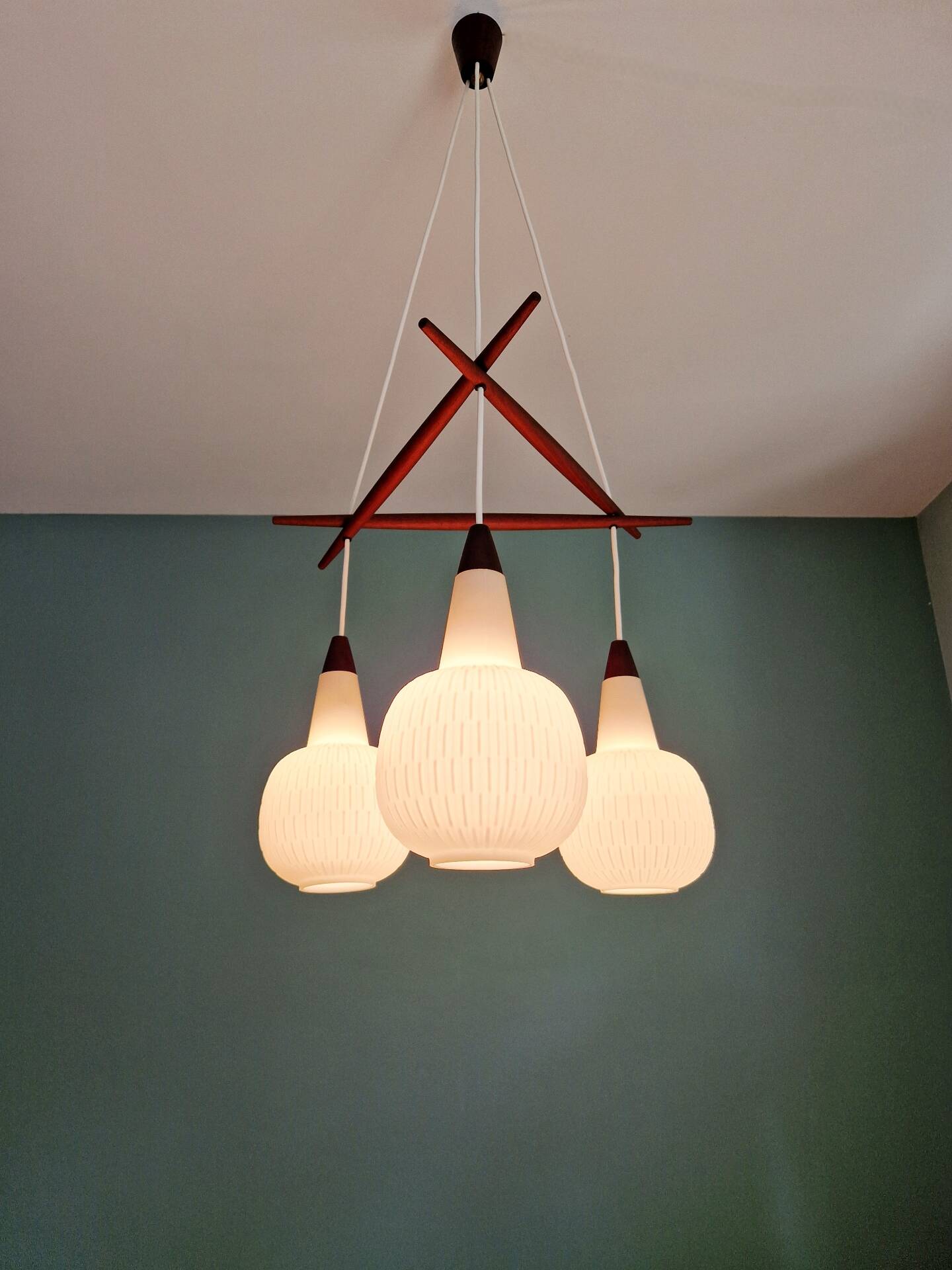 Scandinavian chandelier in teak and white opaline, 1960s