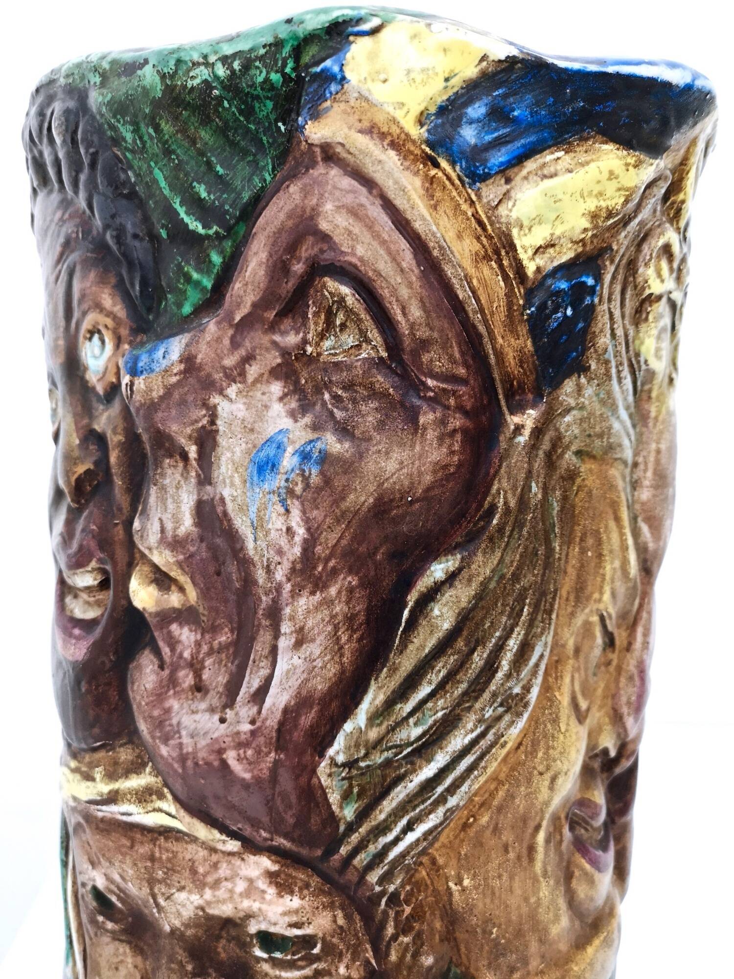 Unique Vintage Hand-Painted Vase with Faces Ascribable to Tullio d'Albisola