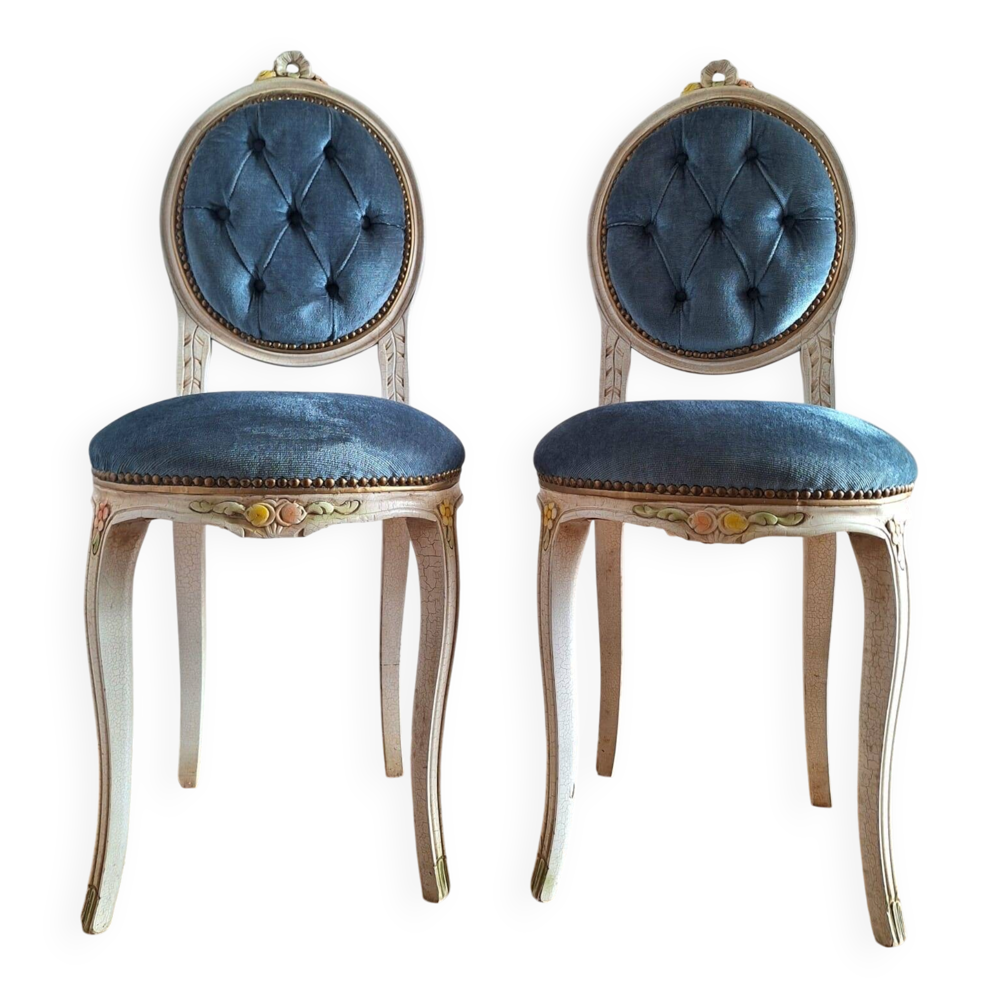 Pair of antique medallion chairs, boudoir seats in Louis XV style.