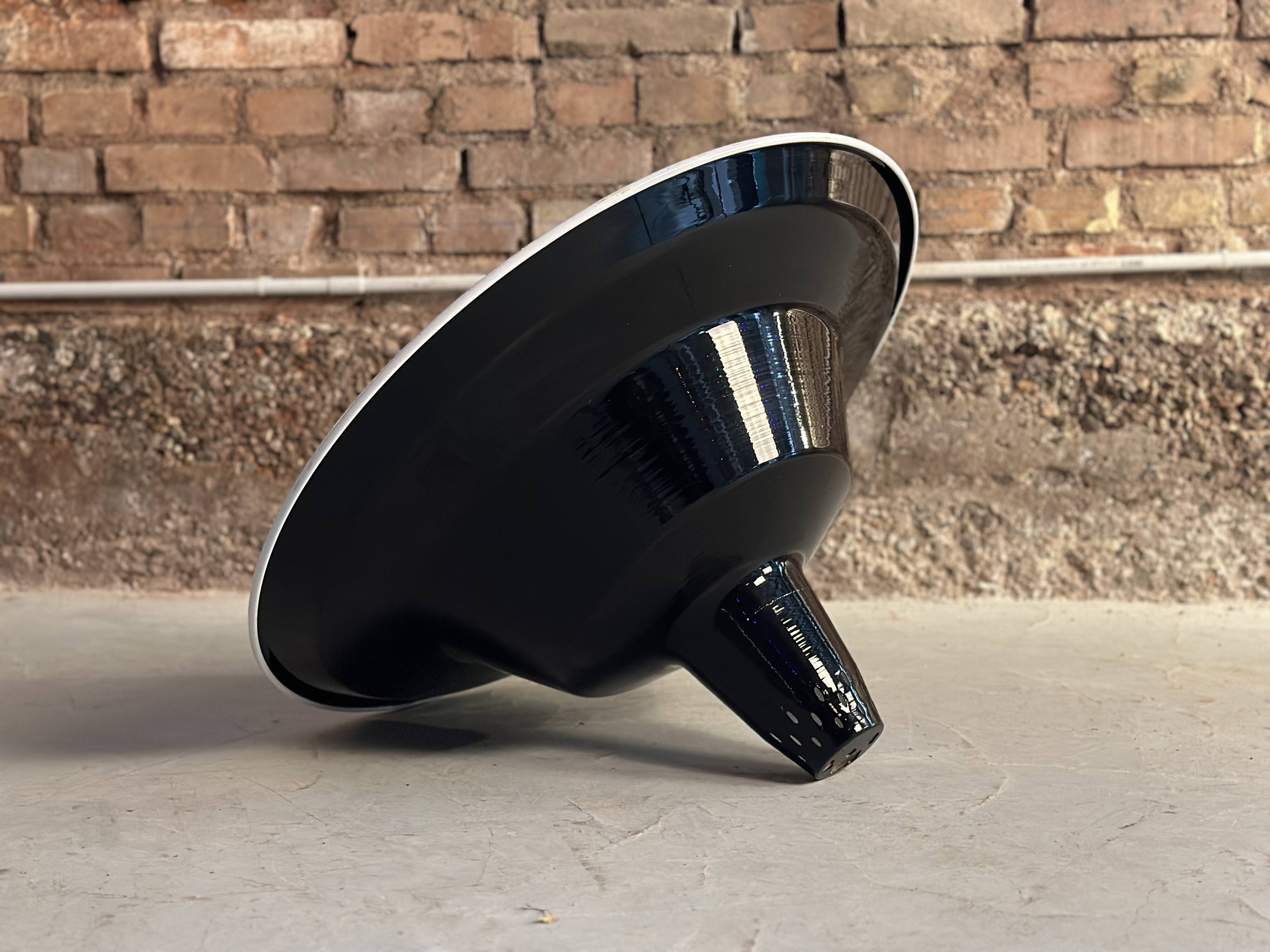 Large industrial pendant lampshade in black enamelled sheet metal.