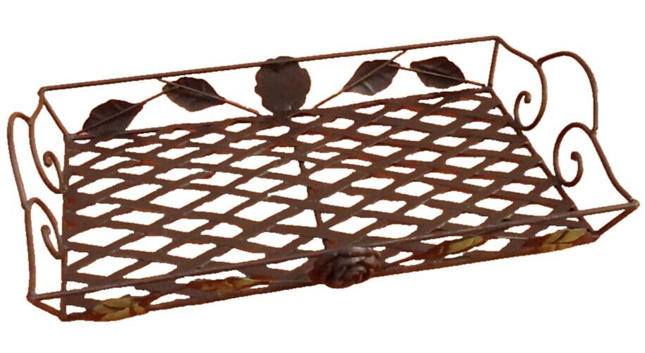 Rectangular metal serving tray with floral decoration.