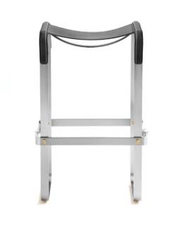 Contemporary kitchen bar stool in aged silver steel and black leather.
