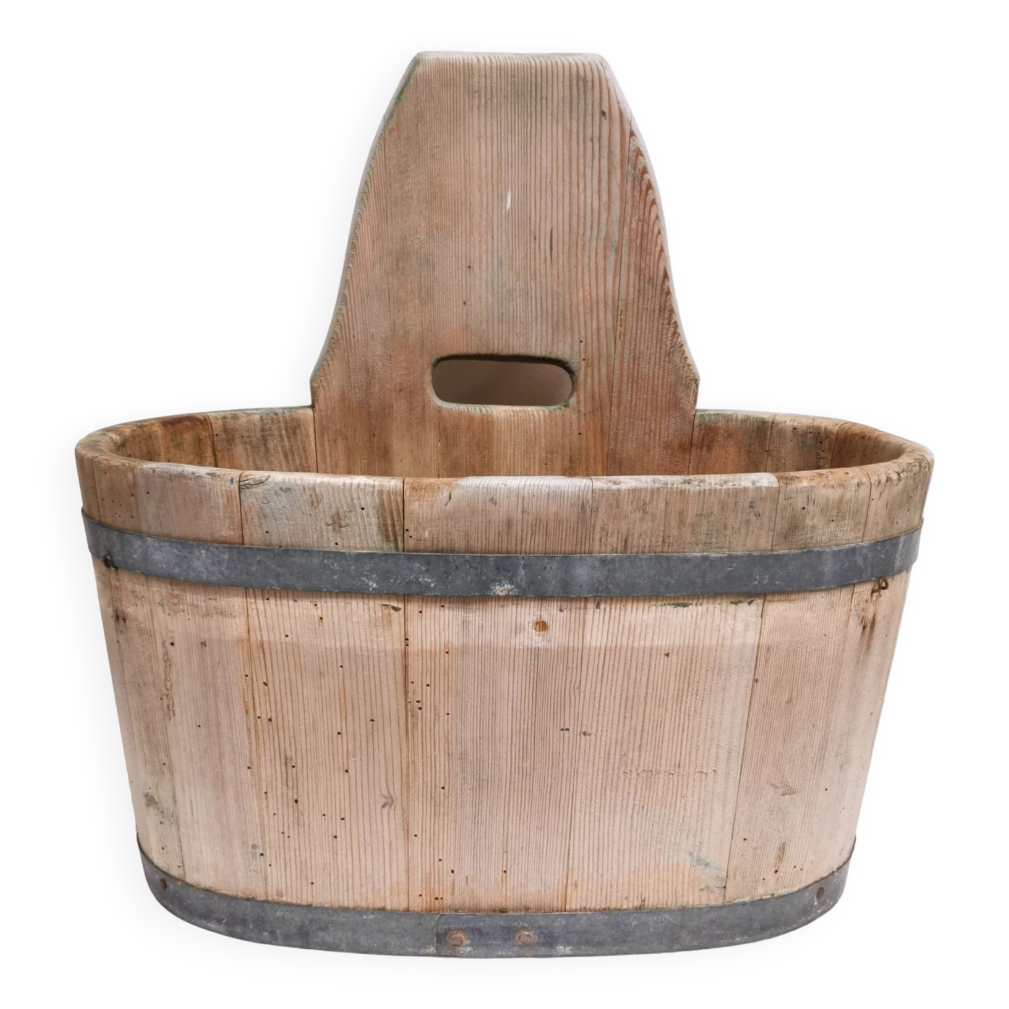 Tub / seille in laid, old swiss wooden cache pot planter, savoie