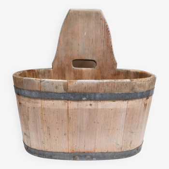 Tub / seille in laid, old swiss wooden cache pot planter, savoie