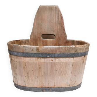 Tub / seille in laid, old swiss wooden cache pot planter, savoie