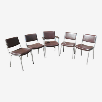 Set of 4 chairs and 1 armchair in imitation and chromed metal 1970