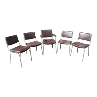 Set of 4 chairs and 1 armchair in imitation and chromed metal 1970