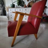 Fauteuil scandinave pieds compas bois et Skaï